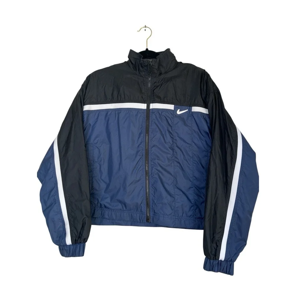 Vintage Nike Windbreaker Jacket Navy Blue Black White Stripe Full Zip Kids Med